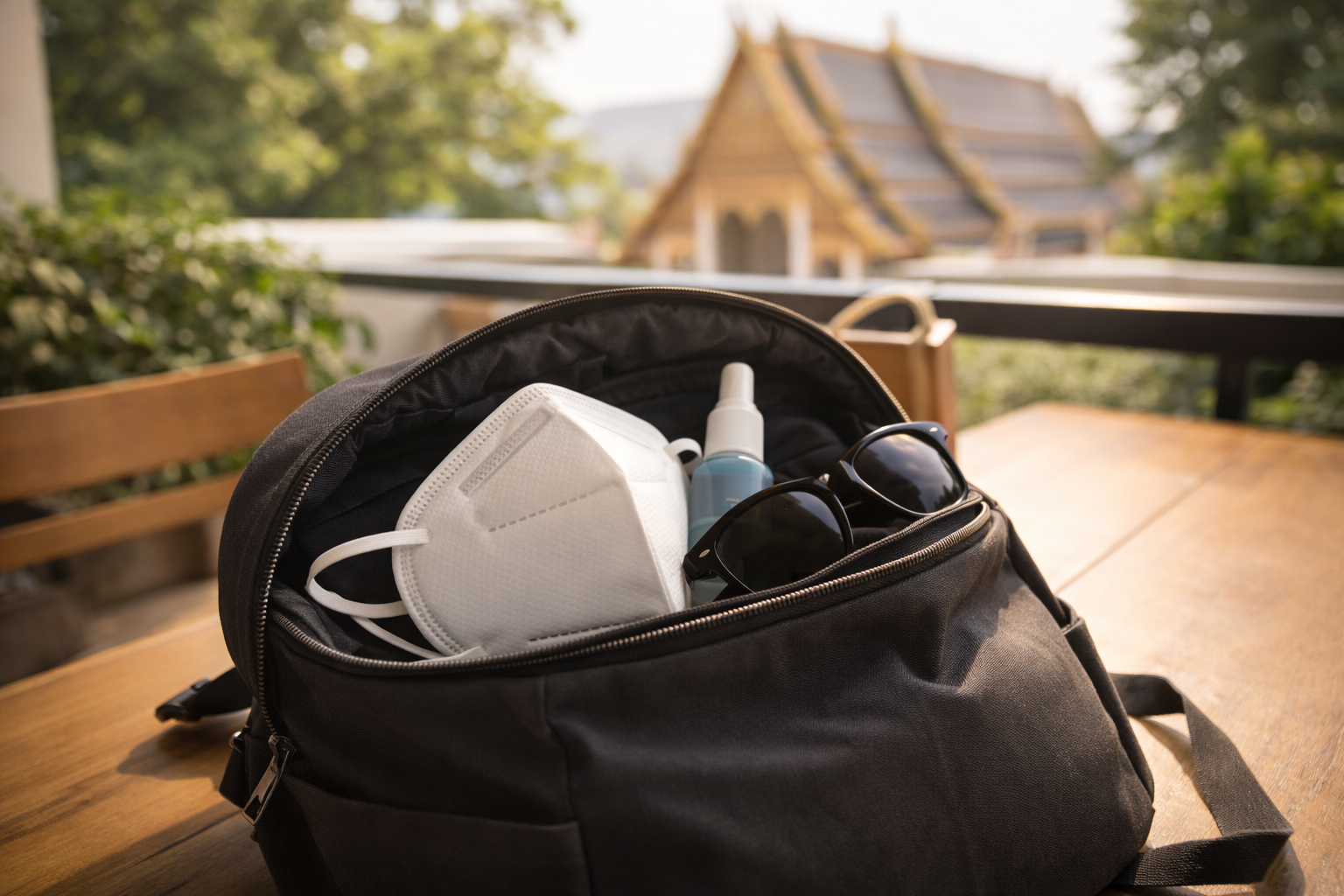 Mask and essentials in daypack